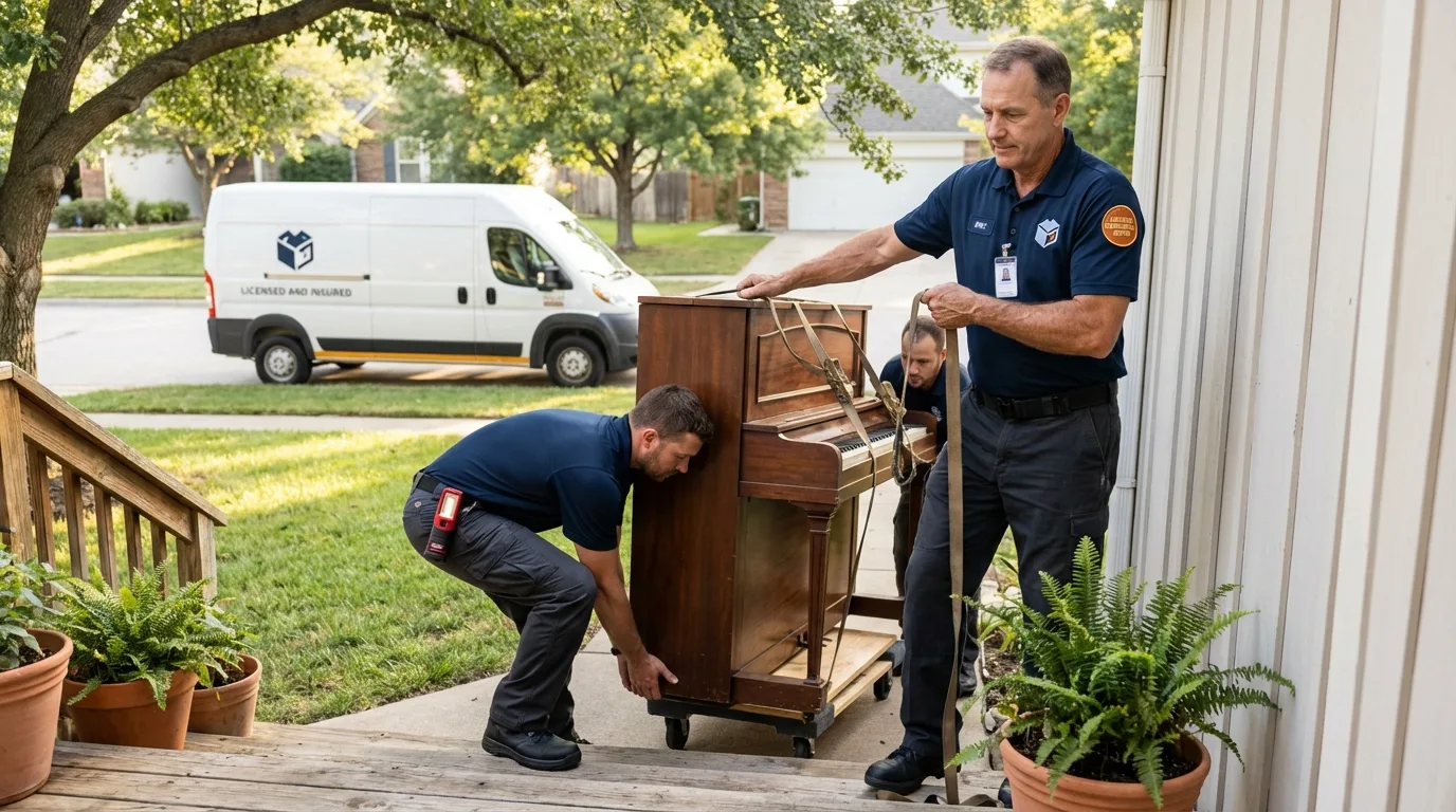 Licensed piano movers securing grand piano in Cocoa Beach, FL
