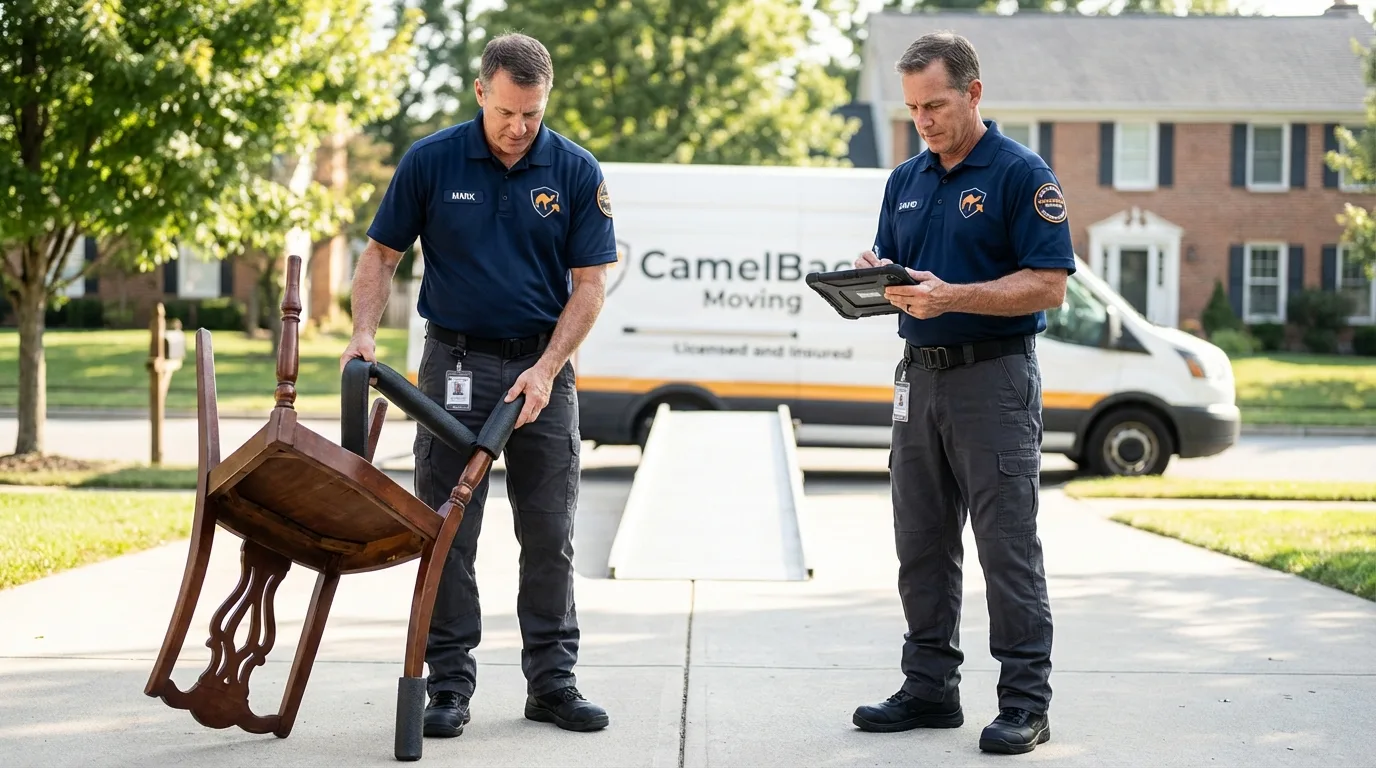Movers inspecting furniture for damage prevention before loading in Cocoa Beach, FL