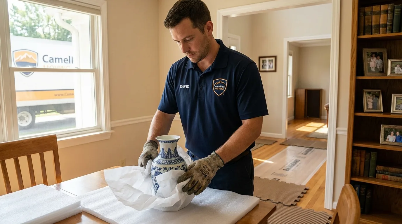 Professional crew carefully wrapping antique vase for senior downsizing move in Cocoa Beach, FL
